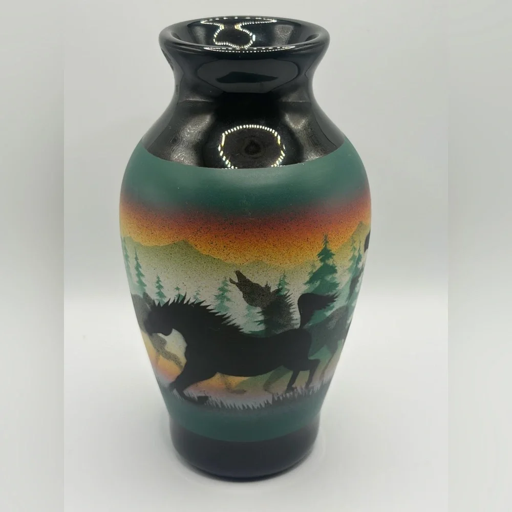 Benally Dine Signed Cedar Mesa Native American Made Pottery Wild Horses Vase